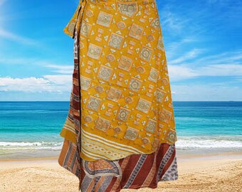 Women Short Summer Wrap Skirt, Double Layer Silk Skirt, Yellow Printed Wrap Around Skirt, Magic Wrap Skirt One size