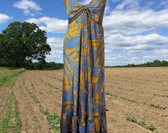 Maxi Dress, Bohemian Summer Halter Dress for Women, Blue Yellow Floral Dress, Boho Swing Maxi Dress, Summer boho Long Dress, Beach Wear S/M