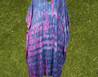 Womens Kaftan Maxi Dress, Handmade, Travel Maxi Dresses, Pink Blue Tie Dye Boho Kaftan, Bohemian Long Caftan Dresses, Gift, L-3XL, One Size