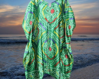 Womens Kaftan Midi Dress, Green Bandhani Print, Loose holiday Dresses, Boho Kaftan Dress, Recycle Sari Dresses S/M/L