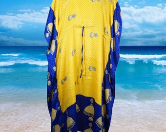 Boho Maxi Kaftan, Artsy, Beachy, Vivid Yellow, Blue Caftan, Housedress, Beach Coverup, Summer Boho Caftan, Resort, Cruise Caftan L-2X