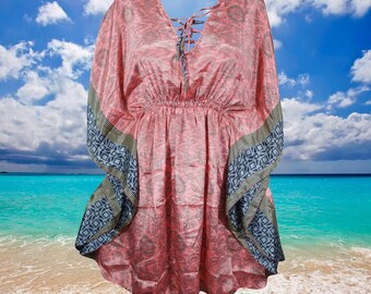 Travel Summer Beach Dress, Womens Summer Caftan Short Dresses, Cruise Recycle Sari Dresses, Pink Blue Printed Kaftan Dress M-XL One Size