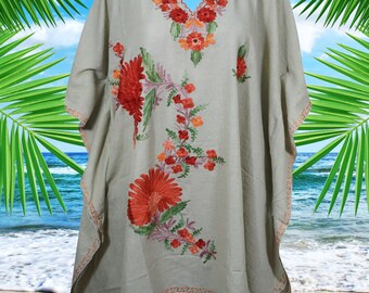 Women's Gray Muumuu Caftan Short Dress, Cotton Embroidered Kimono Dresses Floral Caftan Party Wear Crepe Boho Kaftan, L-2X