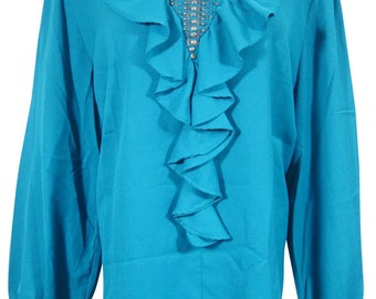 Womens Bohemian Blouse, crepe Gypsy Chic Blue Solid Top, Summer Comfy Tunic Top M