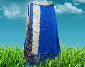 Womens Recycled Sari Wrap Skirt, Magic Wrap Skirt, Blue, Floral Double Layers Wrap Skirts, Travel Fashion, Gift, Bohemian Clothing, One size