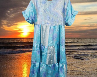 Sea Blue Summer Dress, Short Beach Dress, Soft, Casual, Tiered, Recycle Silk, Shift Dresses for women - Boho Daydress, M