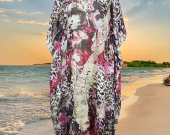 Womens Beach Cover Up Kaftan, Pink Black Maxi Dresses, Luxury sheer Georgette Embroidered caftan Dresses L-4XL One size