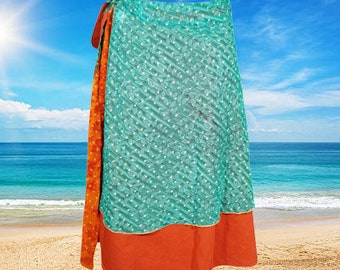 Womens Green Short Wrap Skirt, Vintage Sari Skirt, Beach Wear, Reversible 2 Layer Skirts, Floral Printed Wrap Skirts One Size