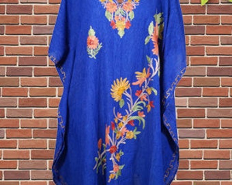 Embroidered Short Kaftan Dress, Navy Blue Caftan For Women, gift For Her Floral Caftan Party Wear Crepe Boho Kaftan, L-2X
