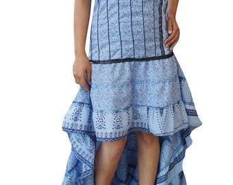 Boho Gypsy Maxi Dress Swirling Hi Low Dresses Blue Recycled Sari Printed Strapless Hippie Maxi Dresses IBIZA FASHION M/L