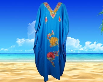 Women's Kaftan Maxi Dress, Blue Boho Fall Maxi Dress, Beach Holidays, Lounger, Cotton Oversize Embroidered Lounge Caftans L-2XL One Size