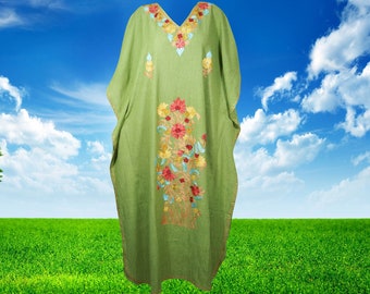 Womens Retro Maxidress, Embroidered Maxi Kaftan Dresses, Green Floral Caftan Maxi Dress, Travel Maxi Dress, Oversize One Size