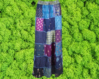 Women’s Patchwork Skirt, Patchwork Boho Maxi Skirt, Blue Festival Beach Skirt, Handmade Skirts S/M/L