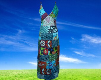 Womens Patchwork Dress, Blue Skies Strap Maxi Dress, Stunning Handmade Blue Printed Long Dresses, Bohemian Fashion S/M