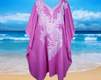 Womens Embroidered Midi Kaftan Dress, Lavender Loose Cotton Caftan Dresses, Resort Wear, Mid Calf Beach Kaftans L-4XL One size