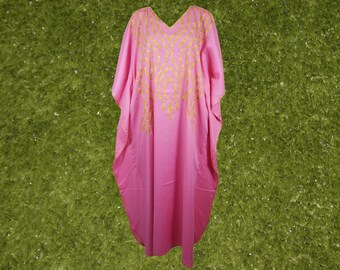 Womens Kaftan Maxi Dresses, Pink Gold Embroidered Caftan, Travel Maxi Dresses, Boho Flowy MaxiDress Caftan One Size L-2XL