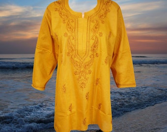 Mustard Yellow Bohemian Cotton Boho chic Top, Tunic, Blouse Embellished, Summer Bohemian Blouse Style M