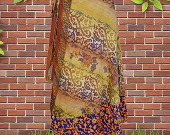 Womens Wrap Skirt, Bohemian Clothing, Orange Blue Floral Skirt, Beach Cover Up, Silk Sari Magic Wrap Around Midi Skirts One size