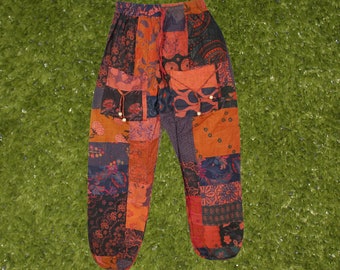 Women Harem Pant, Funky Orange Mixed Hues Hippie Lounge Patchwork Cotton Pants, Festival Streetwear Pant S/M/L