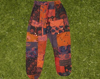 Women Harem Pant, Funky Orange Mixed Hues Hippie Lounge Patchwork Cotton Pants, Festival Streetwear Pant S/M/L