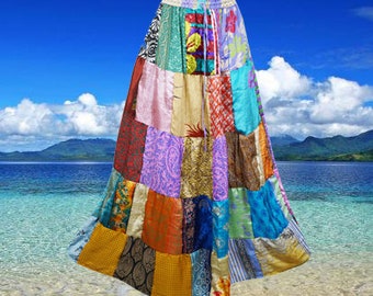 Women Beach Maxi Skirt, Recycle Silk Bohemian Summer Skirts, Colorful Travel Skirt, Handmade Patchwork Skirts S/M/L