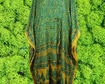 Boho Maxi Kaftan, Green ,Yellow Floral Caftan, Palm Fonds Kaftan, Housedress, Beach Coverup, Summer Boho Caftan, Resort, Cruise Caftan L-2X