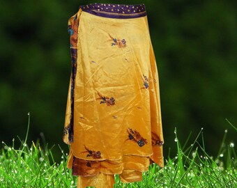 Womens Short Silk Wrap Skirt, Yellow Reversible Lightweight Floaty Double Layer skirt, Travel Fashion, Beach Travel Skirts One size
