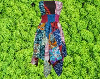 Womans Bohemian Dress, Breezy Hanky Skirt, Patchwork Hippie Dress, Organic Texture, Cotton Beach S/M