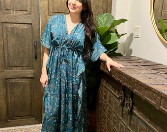 Womens Kaftan Maxi Dress, Blue Printed Caftan Dresses, Beach Coverup, Teal Blue Floral PURE Silk Beach Dress, One Size L-3XL