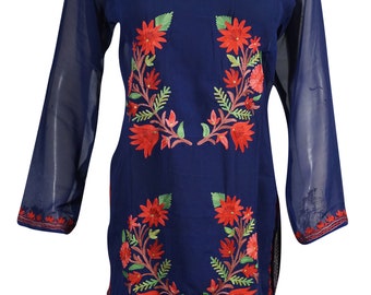 Tunic Dresses Dark Blue Red Floral Sheer Georgette Tunic Dresses Loose Soft Sexy Embroidered Beach Resort Vacay Dress S