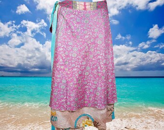Womens Short Wrap Skirt, Pink Floral Print, Beach Cover Up, Boho Two Layer Silk Sari, Magic Wrap Around Skirts One size