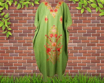 Womens Kaftan Maxi Dress, Handmade Gift, Flowy Caftan, Green Housedress, Caftan Embroidered Kaftan, Bohemian Fashion M-XL