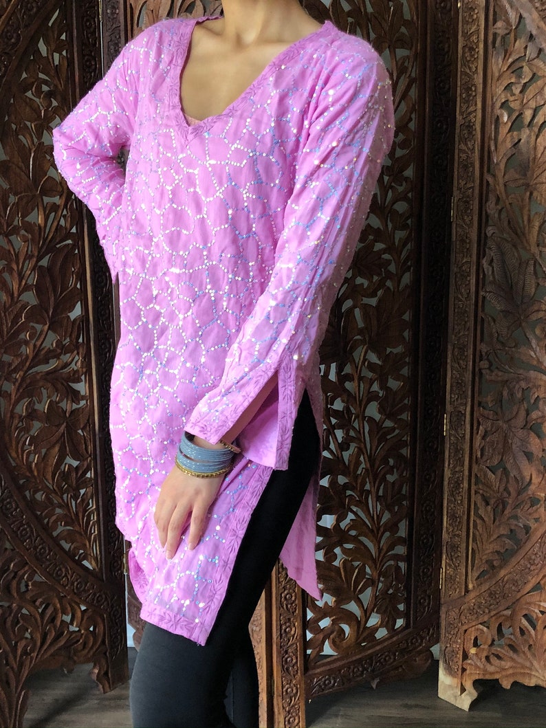Womens Tunic Dress Pink Sequin Embroidered Cotton Summer Etsy
