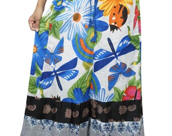 Womens Maxi Skirt, Bohemian Summer Skirt, Colorful Floral Printed Lush Long Beach Skirts M/L