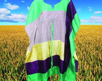 Women Recycled Sari Kaftan Dress,Jungle Green wear, Resort Wear, Midi Kaftan Dress, SML