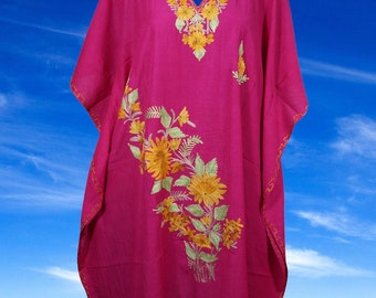 Women Short Kaftan Dress, Magenta Embroidered, Oversized Tunic, Leisure Wear Floral Caftan Party Wear Crepe Boho Kaftan, L-2X