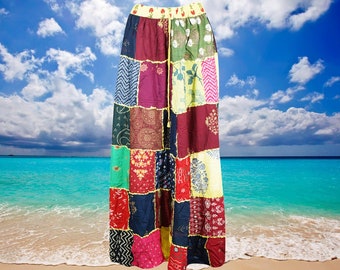 Womens Patchwork Maxi Red Skirt, Long Elastic Waist Colorful Vintage Indian Style Handmade A-Line Long Skirts S/M/L