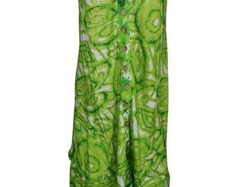 Women Tank Dress Green Sleeveless Button Down Gypsy Bohemian Beach Summer Dresses L