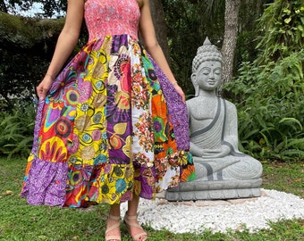 Womens Boho Maxi Skirt, Strapless Dresses Green Purple Floral Printed Dress, Summer Beach skirt, Multiwear Cotton Dresses S/M