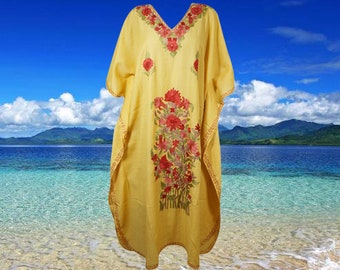 Women's Kaftan Maxi Dress, Yellow Beach Holidays Caftan, Lounger, Cotton Embroidered Summer Caftans, Handmade Gift One size L-2XL One Size