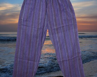 Unisex Pants, Striped Boho Hippie Trousers, Cotton Purple Striped Trousers, Loose Fit Pant, Pants With Pockets S/M