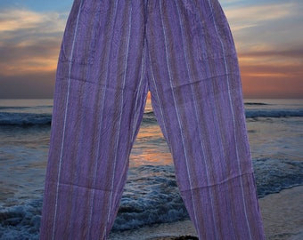 Unisex Pants, Striped Boho Hippie Trousers, Cotton Purple Striped Trousers, Loose Fit Pant, Pants With Pockets S/M