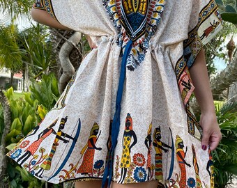 Short Kaftan Dress, Beautiful kaftan, Indian short Kaftan Dress, Hippie Style Kaftan, Women's, Dashiki Printed Kaftan L-2XL