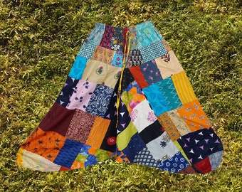 Colorful Patchwork Cotton Harem Pants, Genie Boho Hippie Pants, Cotton, Printed Loose Handmade Cuffed Wide Leg Pants, S/M/L