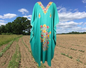 Womens Maxi Kaftan Dress, Sea Green embroidered Kaftan Dress, Gift Cotton Caftan Dress, Loose Dress, Travel Kaftan Dresses, Caftans L-3XL