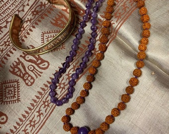 Amethyst Rudraksha Mala, with JAI MATA DI Adjustable Copper Cuff Bracelet, Wrist Bracelet