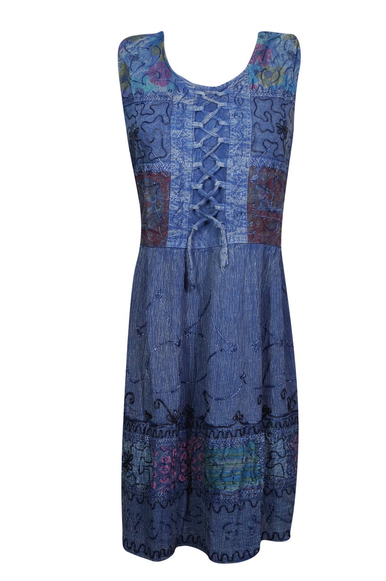 Women/'s Blue Stonewashed Rayon Sleeveless Embroidered Summer Fashion Midi Dress M