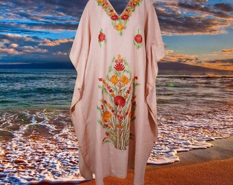 Womens Embroidered Kaftan Long Dress, Lemonade Pink Floral Embroidery Caftan Maxi Dress, Oversize Handmade Dress, Gift One Size L-2XL