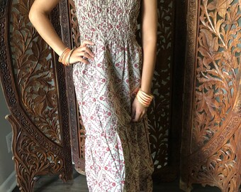 Womens Summer Maxi Dresses, Grey Maroon Printed Dresses, Hand made Cotton Spaghetti Strap Sundress M