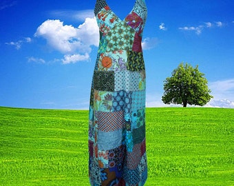 Womens Patchwork Strap Maxi Dress, Stunning Handmade Beautiful Blue Green Patchwork Prints Long Dresses, A Super Boho Hippy Chic Dress S/M